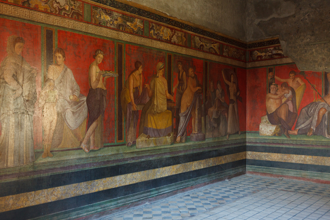 Fresco covers walls of villa of the mysteries in Pompeii (Pompei).